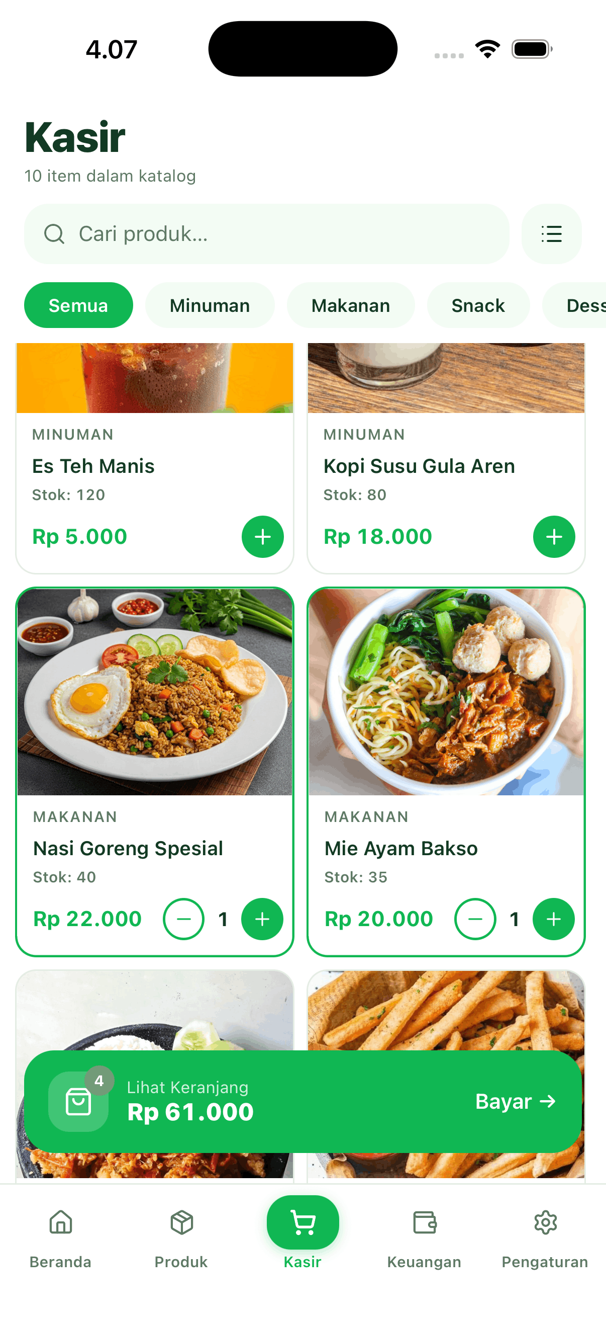 Layar pembayaran Bukalaba dengan tunai dan QRIS