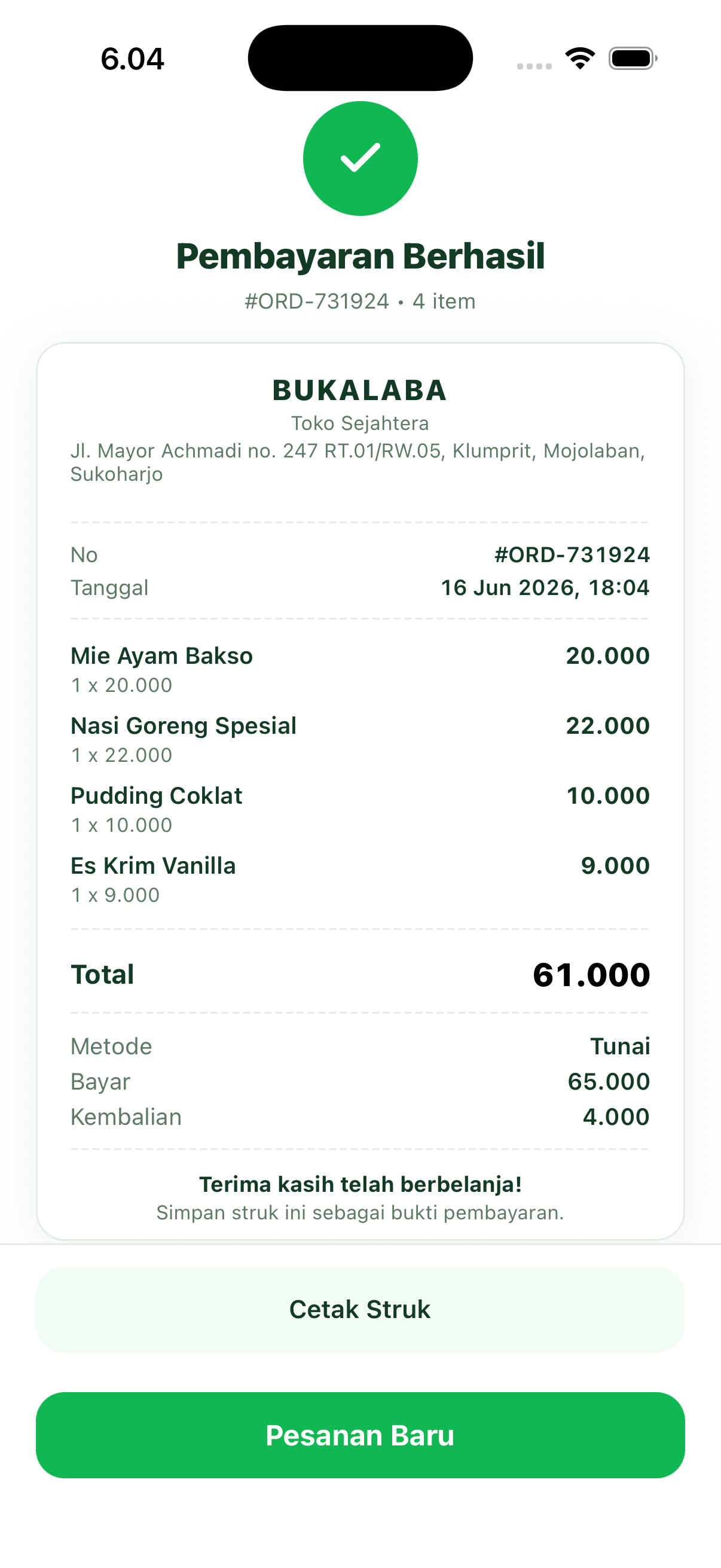 Struk digital pembayaran berhasil di Bukalaba