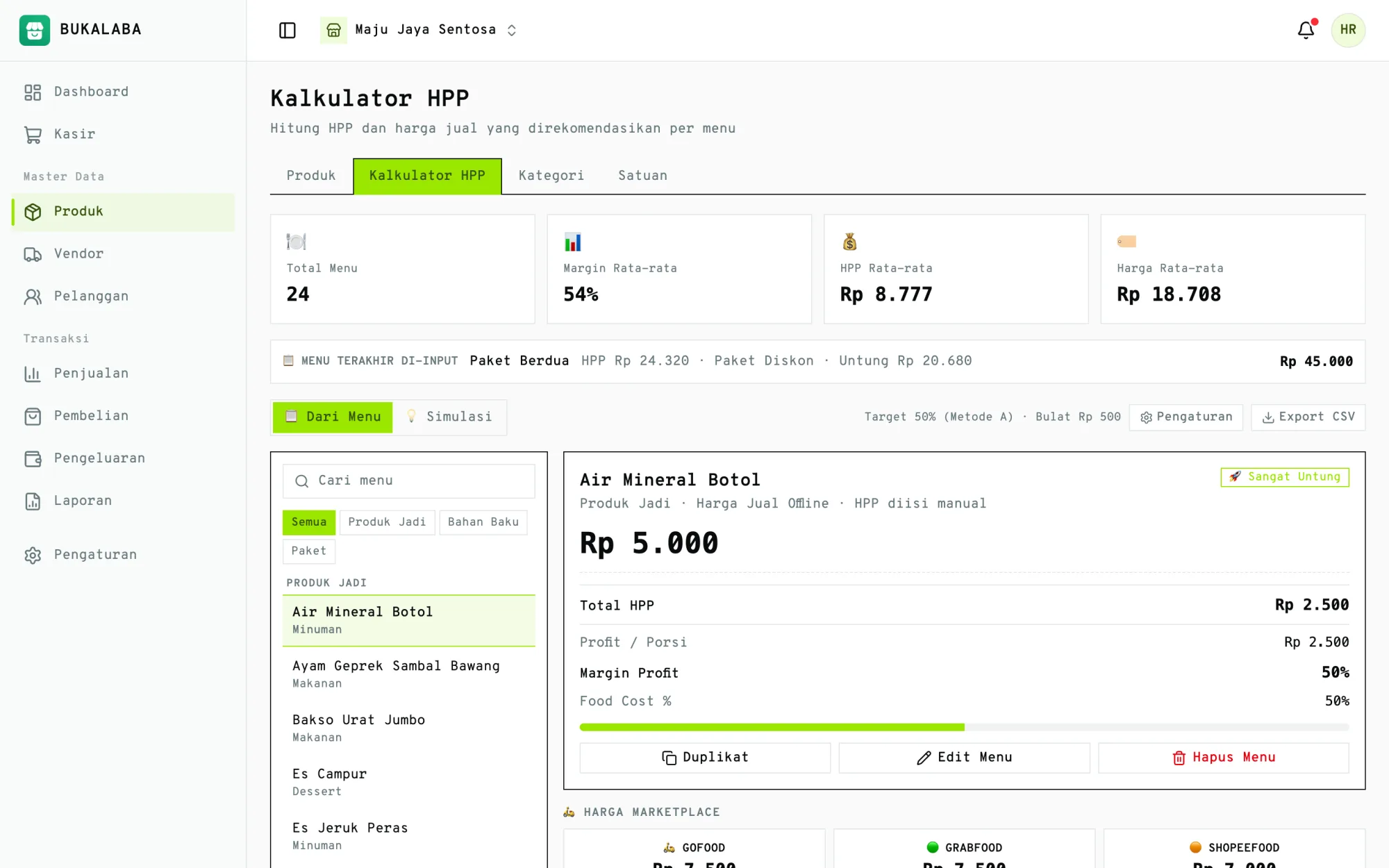 Kalkulator HPP Bukalaba menampilkan total HPP, profit per porsi, dan margin